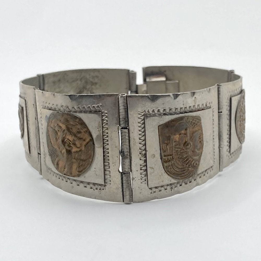 VTG Alpaca Silver 2-Tone Taxco Mexico Hinged Aztec Mayan Image Bracelet 6.5”
